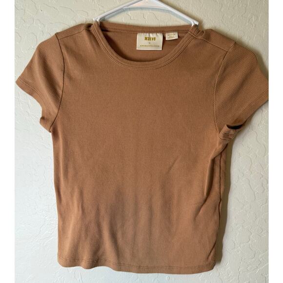 Maeve by Anthropologie Brown Short Sleeve Ribbed T-Shirt Size Medium - Picture 1 of 3